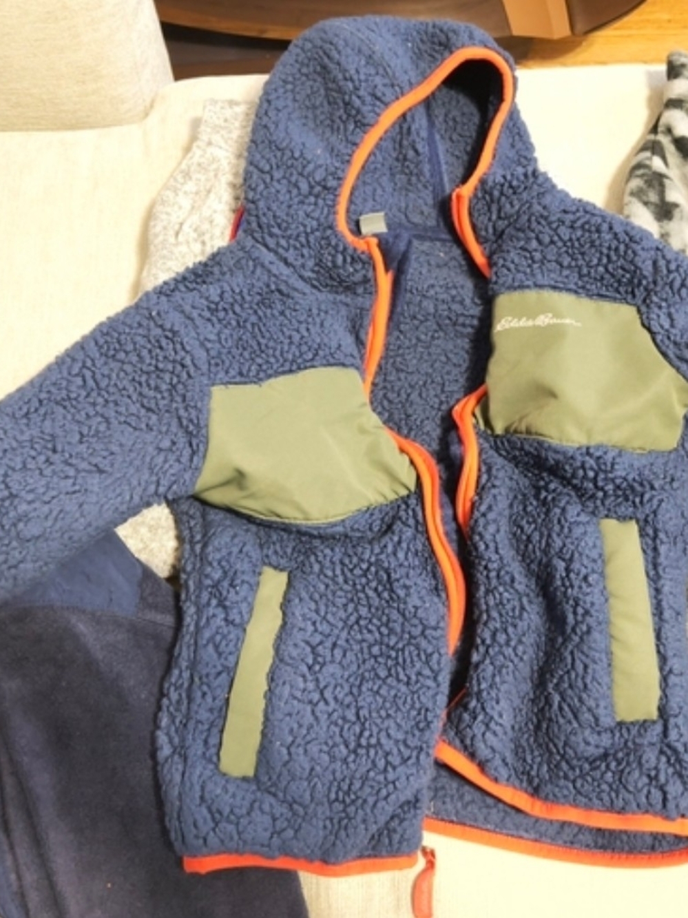 Eddie Bauer Kids Navy Sherpa Jacket with Olive Panels and Orange Trim